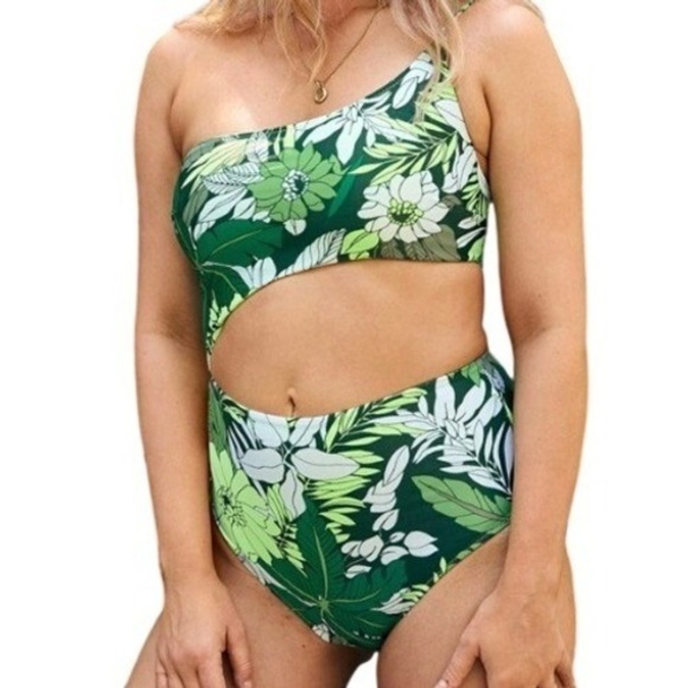 Aerie Womens L Green Floral One Piece Cutout Swimsuit in‎ Sycamore